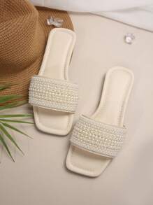 Damen Große Größen Nude Flache Sandalen mit Fake Perlen Dekor, mit 5 Größen Farbverlauf Fake Perlen, Lässig Komfortable Rutschfeste Slip-On Pantoffeln für den Sommer, Größe 35-43 Valentinstag