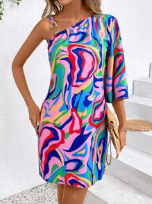SHEIN LUNE Women Fashionable Colorful Fluid Printed Asymmetrical Shoulder Dress - Pink - View 3