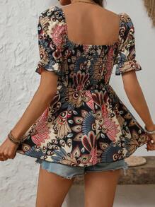 EMERY ROSE Women Peacock Feather Printed Vacation Shirt With Square Neckline, Puff Short Bubble Sleeves And Ruffled Hem Peplum Top - Multicolor - View 2