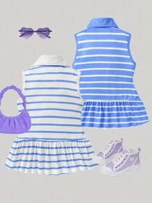 SHEIN Conjunto de 2 piezas de top de tirantes a rayas para niñas adolescentes - Azul y blanco - View 2