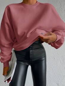 RueChic Solid Drop Shoulder Sweatshirt - Coral Pink - View 3