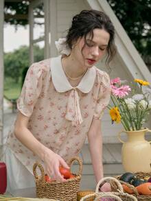 Simple Retro 女士小花卉印花荷叶边领休闲衬衫 - 杏色 - 查看 7