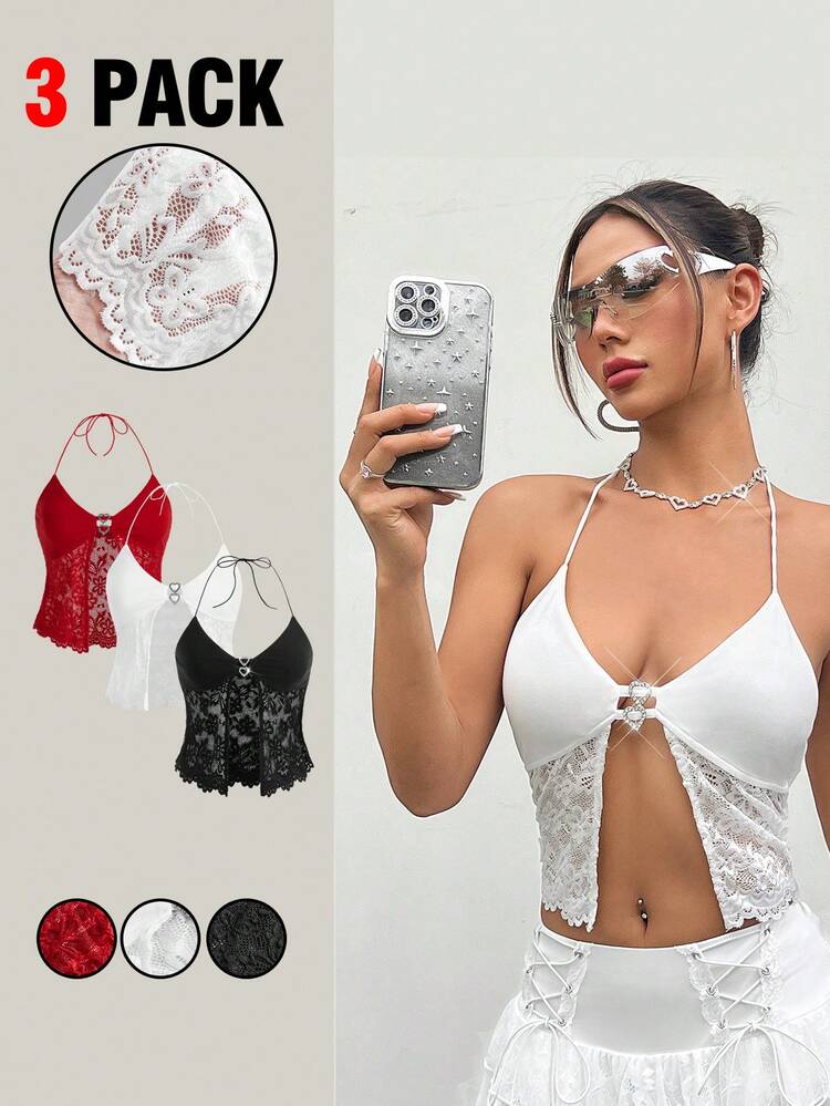 3pcs/Set Bodycon Lace Splice V-Neck Camisole Top With Heart Rhinestone Buckle And Slit Hemline