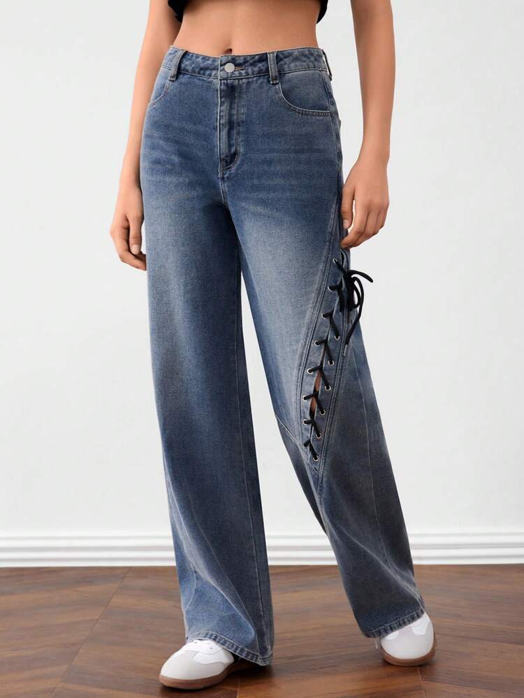 Women's Blue Lace-Up Knee Low Rise Wide Leg Jeans