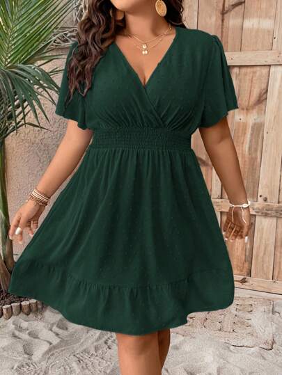 SHEIN Plus Size Women's Fashionable Solid Color A-Line Dress With Waist Cinching & V-Neck