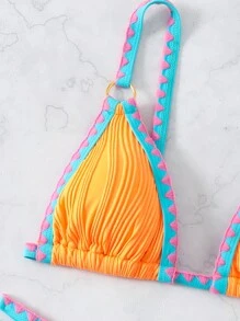 SHEIN Swim 女性對比色邊飾圓環細節夏季沙灘比基尼套裝 - 彩色 - 查看 5