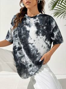SHEIN EZwear Camiseta de punto de mujeres con cuello redondo, teñida a la técnica Tie-Dye con parches de diferentes telas. - Blanco y Negro - Ver 5