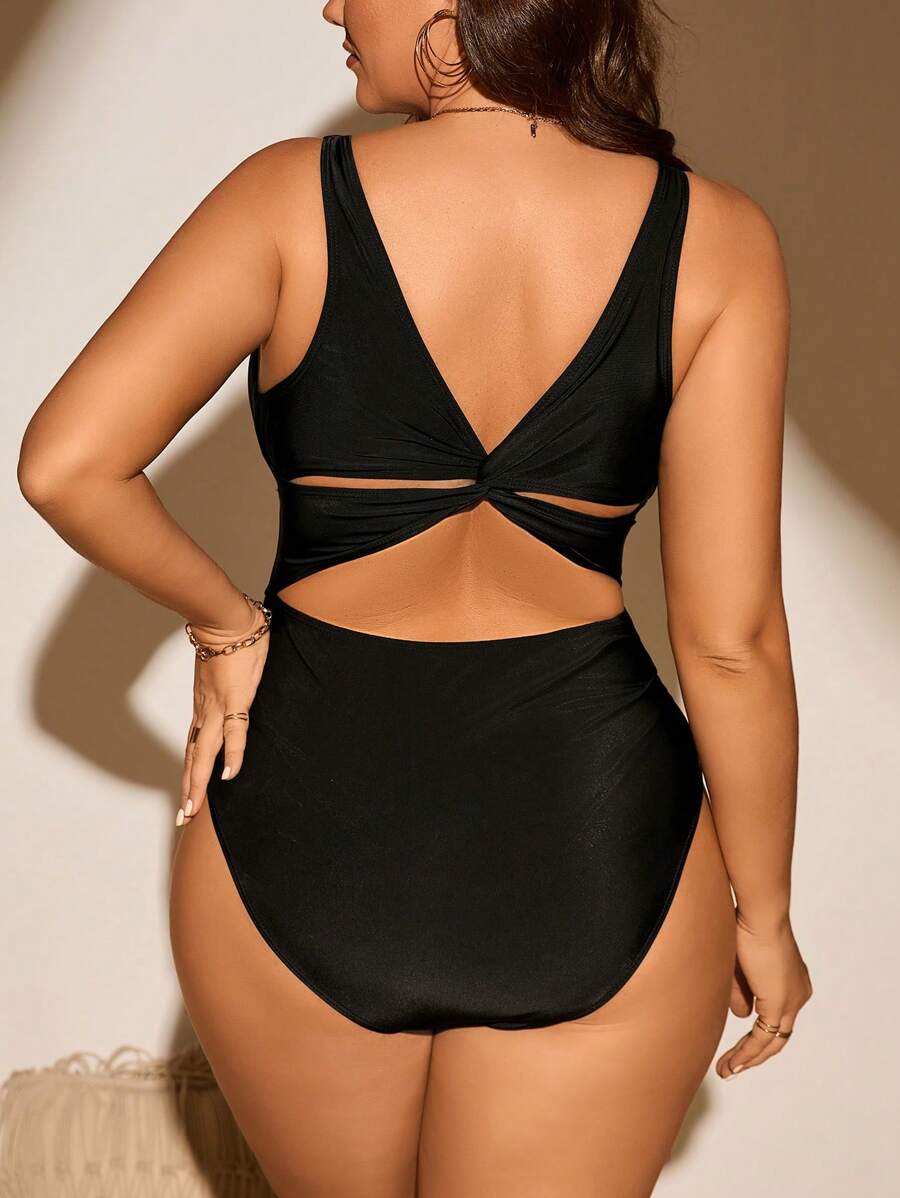 SHEIN Swim Curve 大尺碼夏季海灘性感純色扭結無背單件泳衣 - 黑色 - 查看 1