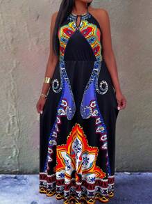 Breezaya Plus Size Women Boho National Style Floral Printed Sleeveless Halterneck Dress, For Summer