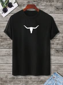 Manfinity Homme Men Short Sleeve Casual T-Shirt With Bull Head Print And Round Neck For Summer