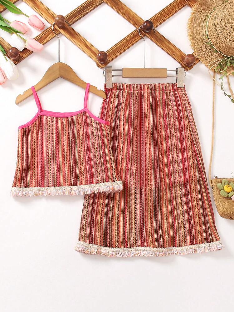 Young Girl Summer Holiday Striped Fringed Hem Cami Top And Skirt Set In Color Block