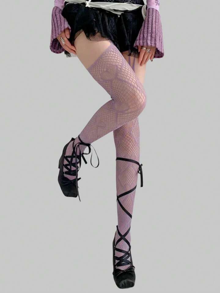 Our Fairycore 1pair Purple Heart And Diamond Shaped Fishnet