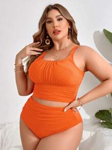 Swim Lushoire Conjunto de Tankini sólido con pliegues para playa de verano en talla grande - Naranja - Ver 5