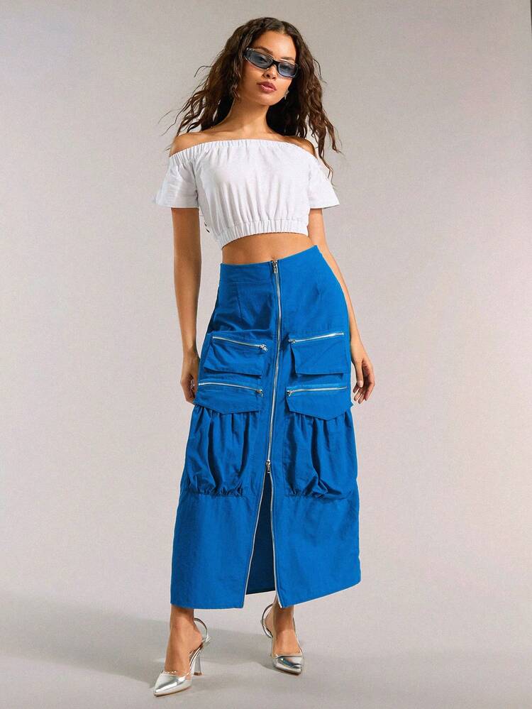 Women Zipper & Pocket Design Slit Casual Spring & Summer Skirt