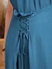 Seusyu 女士朴素而简单的日常十字交叉纹理阿拉伯连衣裙 - 藍色 - 查看 6