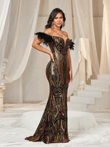 SHEIN Belle Elegant Champagne Black Clash Luxury Positioned Fine Sparkling Sequins Off Shoulder Tassel Feather Splicing V-Neck Chest High Waist Slim Fit High Split Adjustable Strap Train Party Wedding Event Heavy Industry Banquet Dress (The Sleeve Hair Is Real Hair: Turkey Feather) Formal Evening Prom Wedding Guest Gown, For Graduation, Dinner