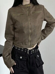 Short Biker Jacket - Retro Faux Suede, Minimalist Motorcycle Style, Zipper Pockets, Perfect For Layering Street Style - Brown - View 3