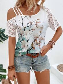 SHEIN LUNE Áo thun nữ thời trang in hoa ren chắp vá áo thun họa tiết áo thun nữ - Nhiều màu - Xem 3