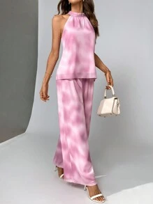 SHEIN Privé 女士夏季漸變印花露背上衣搭配印花寬褲套裝 - 彩色 - 查看 6
