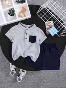 SHEIN Baby Boy Baby Girl Stand Collar Half-Button Tee With Color-Block Design And Plain Shorts Two-Piece Set - Royal Blue - View 7