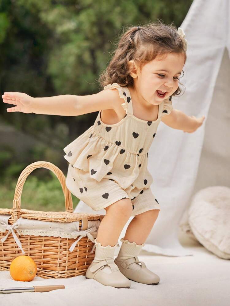 Baby Girl Heart Printed Square Neck Ruffle Trimmed Cropped Top And Casual Shorts Set Matching Set
