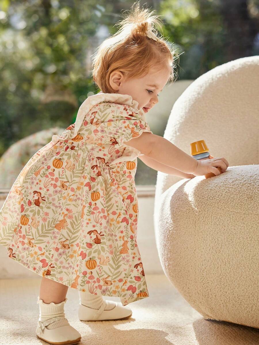 Conjunto de 2 piezas para bebé niña: vestido de cuello redondo con estampado de dibujos animados de plantas, con volantes y mangas abullonadas