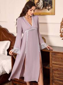 Contrast Color Lace V-Neckline Cinched Waist Long Sleeve Night Dress - Dusty Pink - View 1
