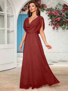 Solid Color Draped Neck Chiffon Bridesmaid Dress - Redwood - View 6
