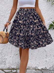 SHEIN LUNE Women Floral Print Elastic Waist Ruffle Hem Decoration Mini Skirt Random Print - Royal Blue - View 3