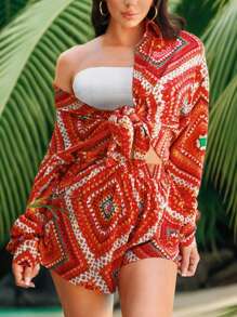 SHEIN SXY Conjunto de 3 piezas de camisa de gasa estampada con patrón de Vacaciones de Verano para Mujeres, juego de 2 piezas - Multicolor - Ver 1