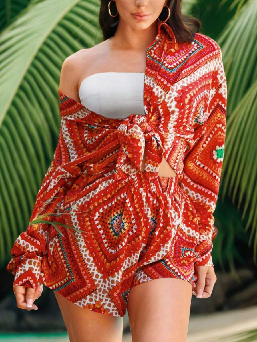 SHEIN SXY Conjunto de 3 piezas de camisa de gasa estampada con patrón de Vacaciones de Verano para Mujeres, juego de 2 piezas - Multicolor - Ver 1