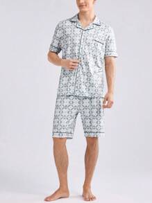 Men Fashion Print Short Sleeve Shirt And Shorts Homewear Set