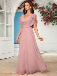 Solid Color Chiffon Draped Neck Bridesmaid Dress - Dusty Pink - View 5