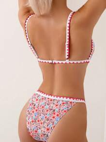 SHEIN Swim Bộ bikini đơn giản và thời trang dành cho nữ ngày lễ với họa tiết hoa rực rỡ - Màu Đỏ Sâu - Xem 2