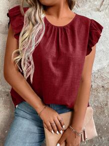 SHEIN LUNE 大码女式夏季宽松休闲衬衫，后背纽扣装饰，圆领和荷叶袖 - 酒紅色 - 查看 6