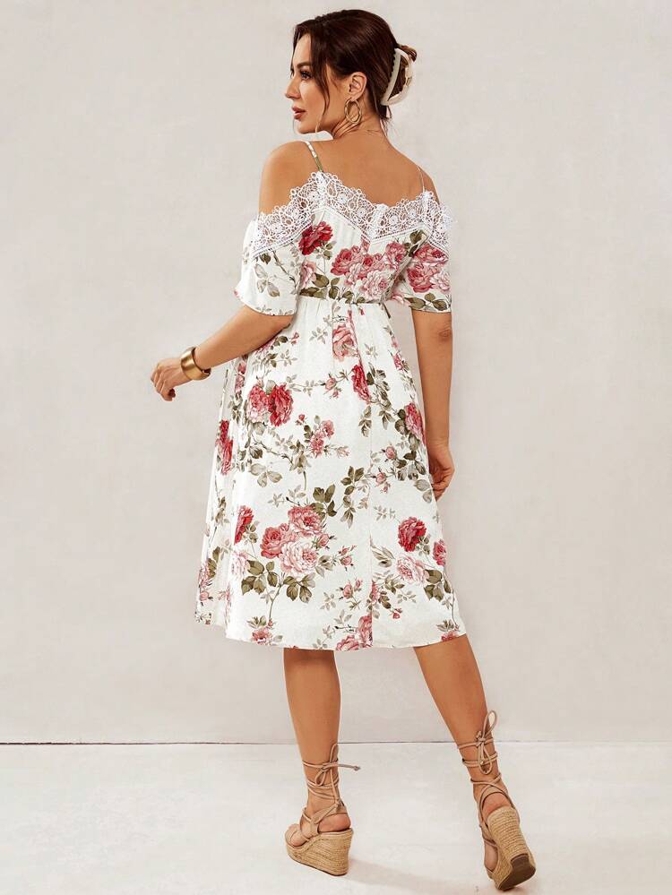 Maternity Romantic & Elegant Contrast Lace Floral Print Cami Dress