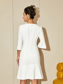 Notched Neck Split Sleeve Mermaid Hem Dress - White - View 2