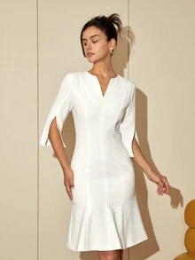 Notched Neck Split Sleeve Mermaid Hem Dress - White - View 5