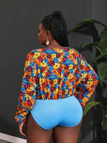 Slaydiva Floral Plus Size V-Neck Holiday Stylish Bodysuit - Blue - View 4