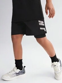 SHEIN Tween Boy Anti-Light Transit Base Layer Shorts With Letter Print Design, Diagonal Side Pockets And Drawstring Waist
