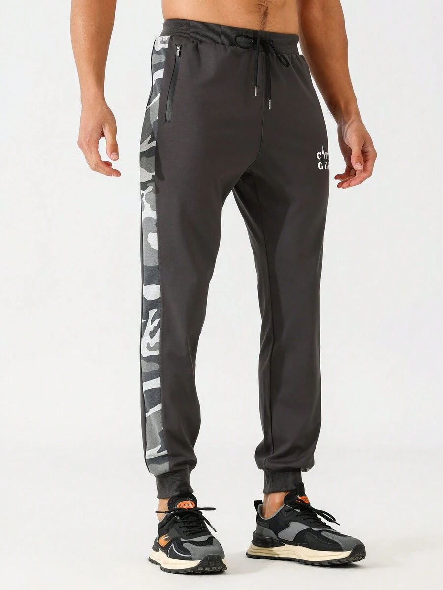 Manfinity Sport Corelite Boyfriend Style Men Casual Camouflage Patchwork Letter Printing Drawstring Waist And Cuffed Sports Pants - Dark Grey - View 1