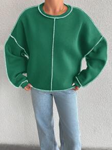 EURMUSE 95% Cotton Drop Shoulder Stitching Detail Thermal Lining Sweatshirt - Olive Green - View 5