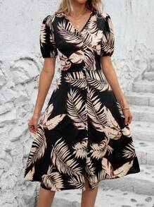 SHEIN Clasi Phụ nữ kỳ nghỉ hè phong cách nhiệt đới váy ngắn tay phồng cổ chữ V in hình cây nhiệt đới có túi - Nhiều màu - Xem 4