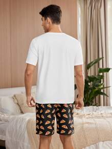 Men Pizza Print Short Sleeve White Top And Shorts Homewear Set - White - View 2