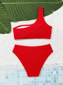 SHEIN 少女實色不對稱領比基尼套裝，帶分開的下褲，適用於夏季 - 紅色 - 查看 2