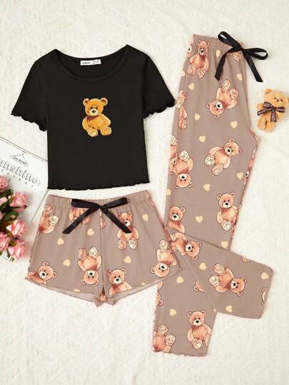 Tween Girl Spring And Summer New Cute Bear Print Shorts And Pants Matching Short Sleeve Top 3-Piece Homewear Set