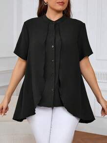 SHEIN Frenchy Plus Size Nữ Mùa Hè Màu Trơn Cổ Áo Đứng Viền Bất Đối Xứng Tay Ngắn Sơ Mi - màu đen - Xem 4