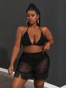 Slaydiva Plus Lễ Hội Âm Nhạc Lưới Đan Đàn Hồi Màu Đen Xuyên Qua Hot Khoan Bikini Quần Short Tua Rua - màu đen - Xem 4