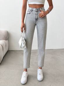 SHEIN Cottnline 高腰妈妈版牛仔裤 - 淺灰色 - 查看 4