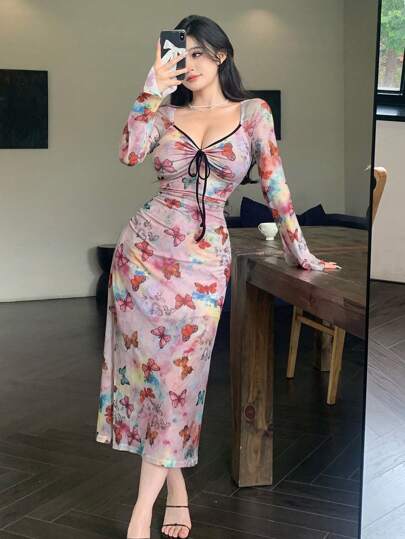 DAZY 1pc Women's Valentine's Day Butterfly Print Mesh Long Sleeve Dress Floral,Casual Women Dresses,Fall Dress